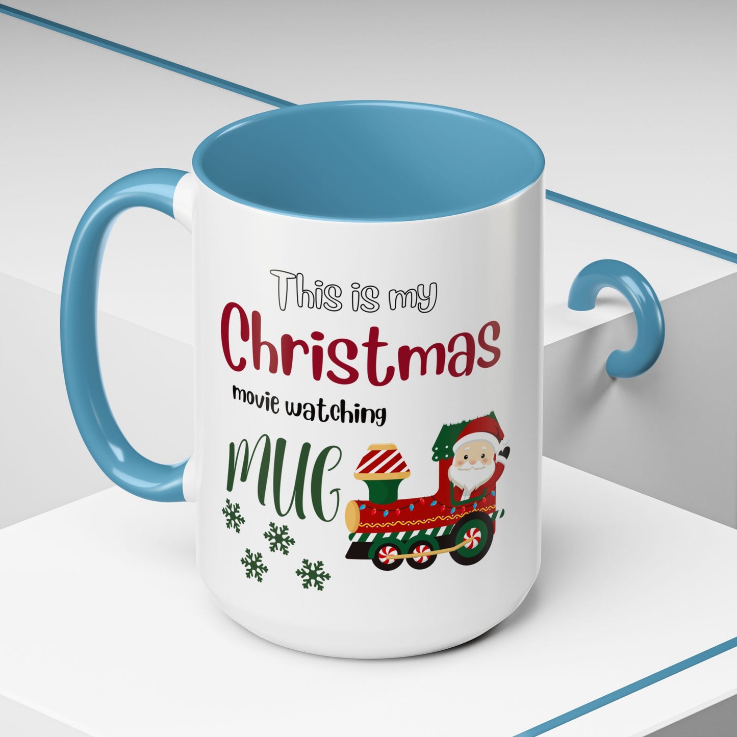 Christmas Movie Watching Accent Coffee Mug (11, 15oz) - Cozy Holiday Mug, Festive Hot Cocoa Cup, Winter Movie Night Gift, Santa Claus Mug, by Printify