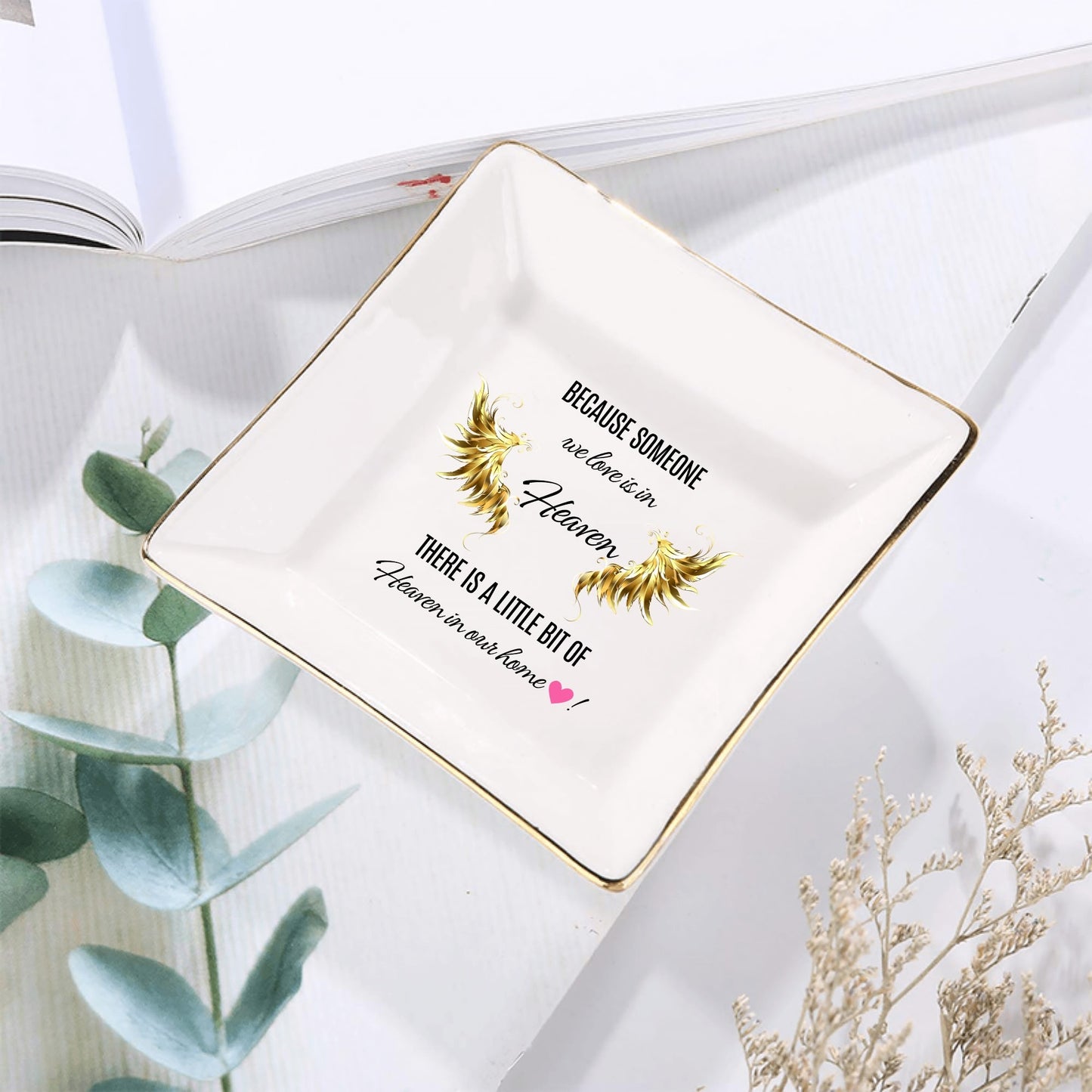 Personalized Memorial Ceramic Square Plate – “Because Someone We Love Is in Heaven” Tribute Decor
