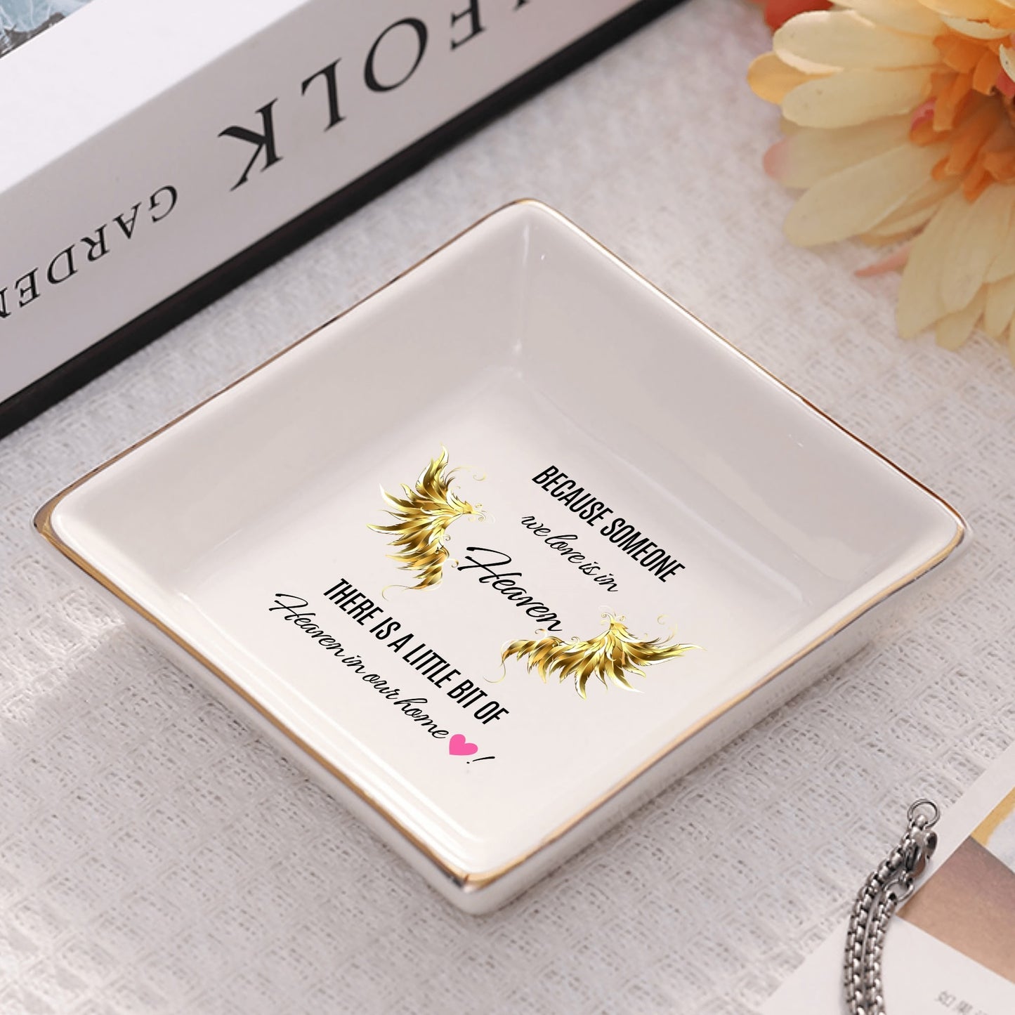 Personalized Memorial Ceramic Square Plate – “Because Someone We Love Is in Heaven” Tribute Decor