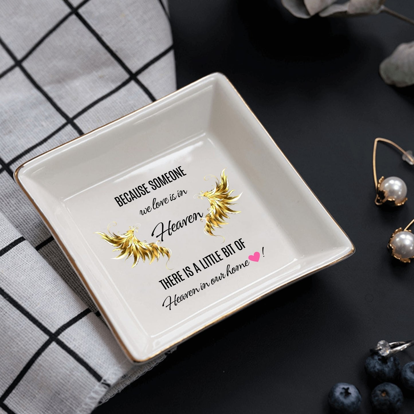 Personalized Memorial Ceramic Square Plate – “Because Someone We Love Is in Heaven” Tribute Decor