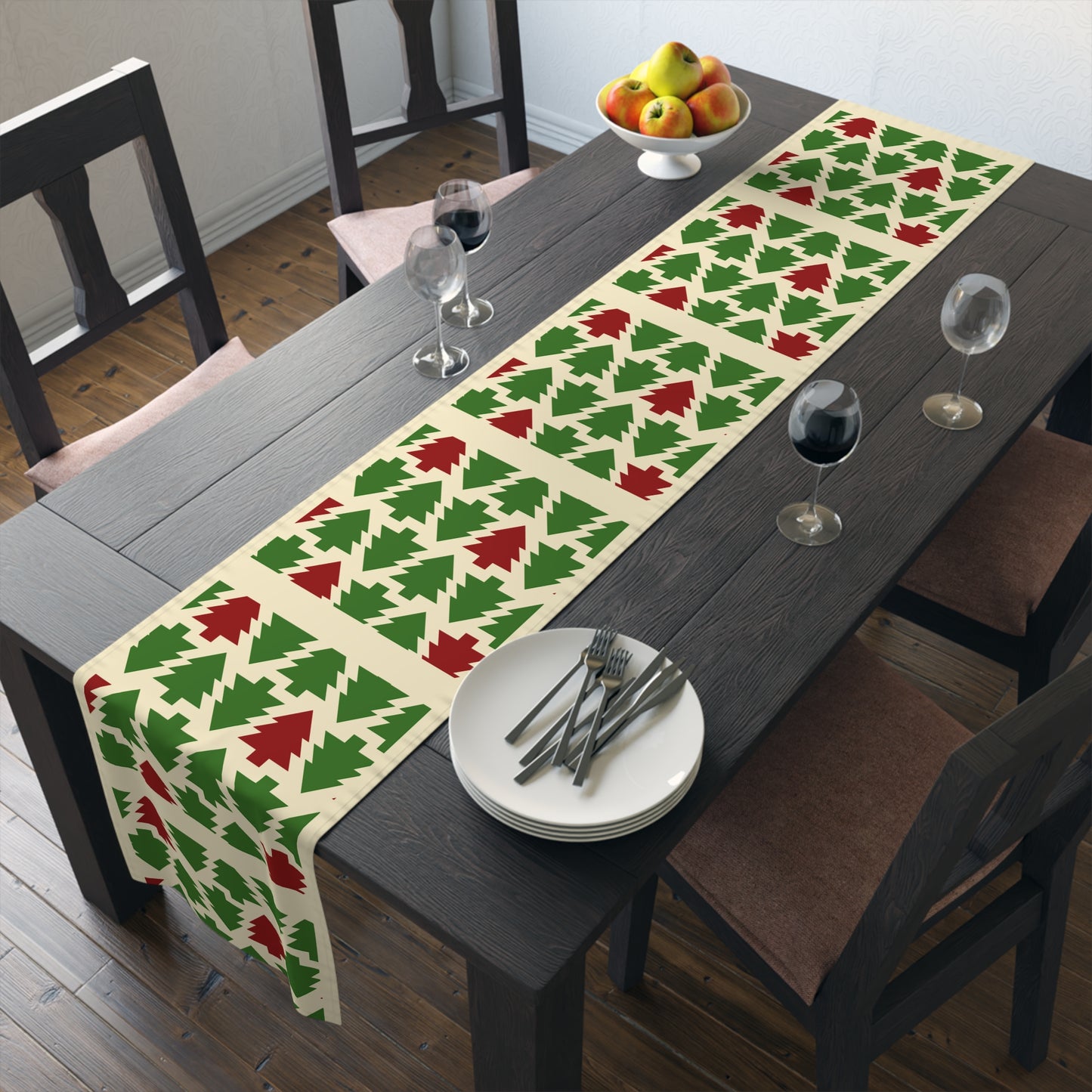 Christmas Trees Red Green Table Runner, Holiday Table Decor, Holiday Dinner Accessories - Cotton, Poly, Festive Table Linens, Christmas Home