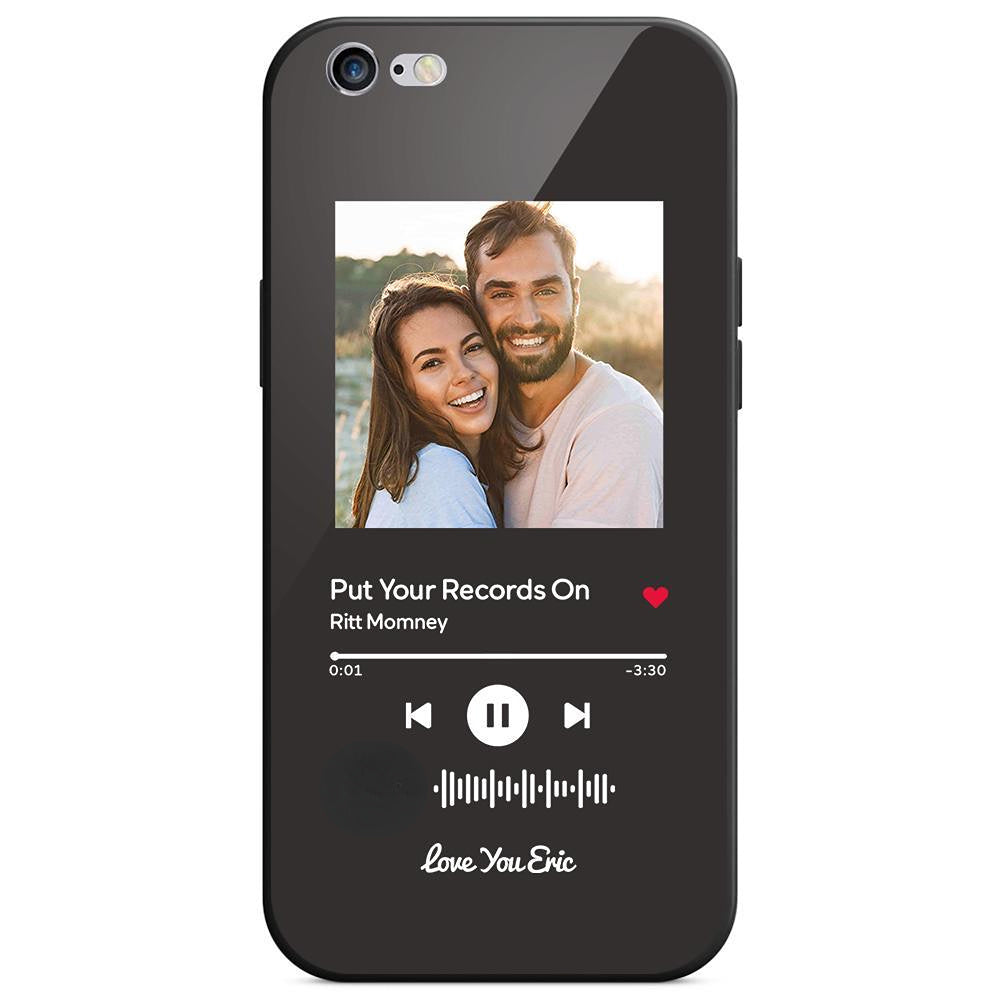 Black iPhone case featuring a photo of a smiling couple, album art for "Put Your Records On", and the words "Love You Eric".