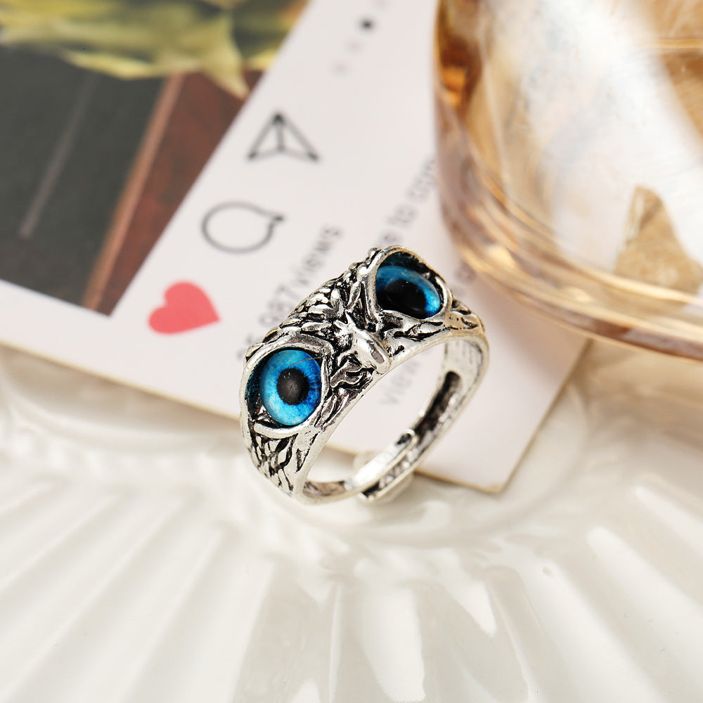 Personalized Retro Blue Eyes Owl Ring
