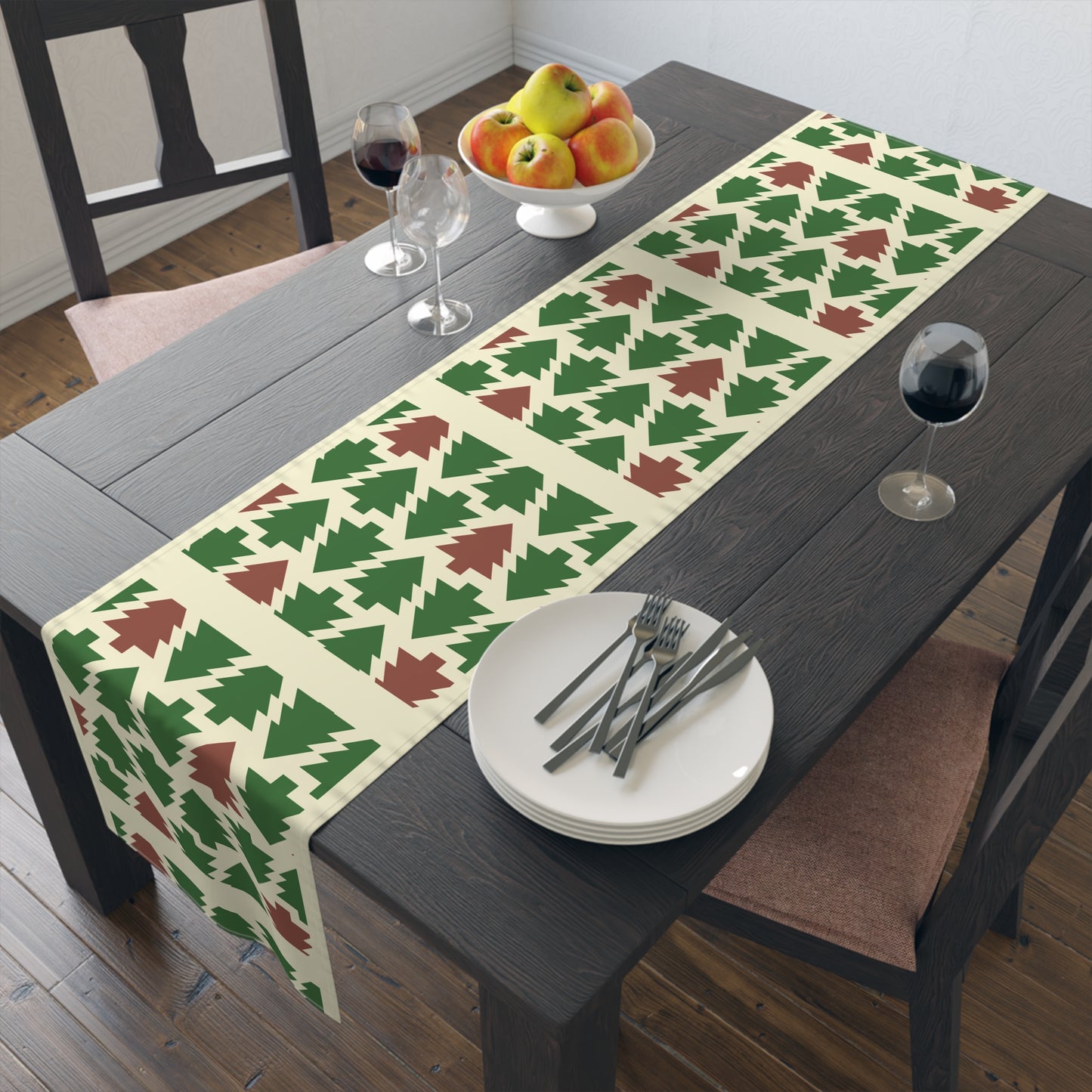 Christmas Trees Red Green Table Runner, Holiday Table Decor, Holiday Dinner Accessories - Cotton, Poly, Festive Table Linens, Christmas Home