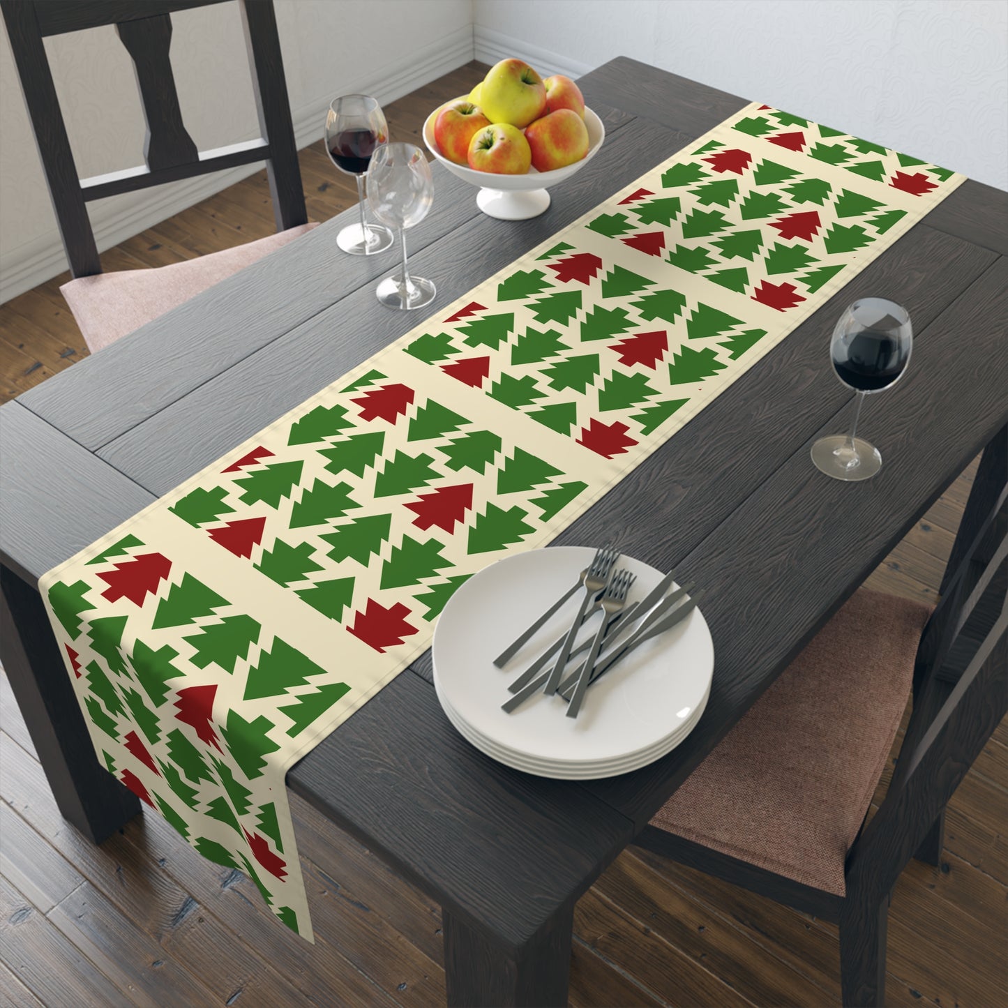 Christmas Trees Red Green Table Runner, Holiday Table Decor, Holiday Dinner Accessories - Cotton, Poly, Festive Table Linens, Christmas Home