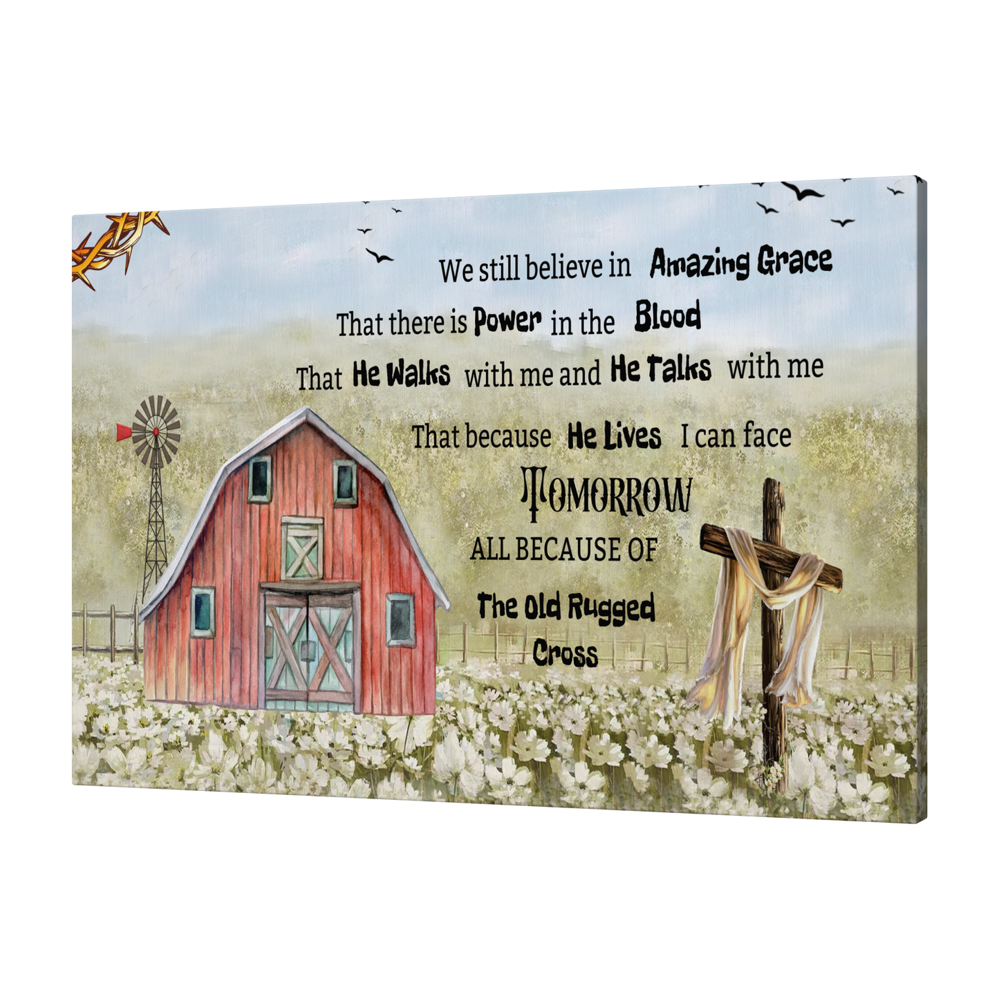 Canvas wall art with a red barn, windmill, flowers, and a cross draped with cloth, featuring a rural Amazing Grace poem in.