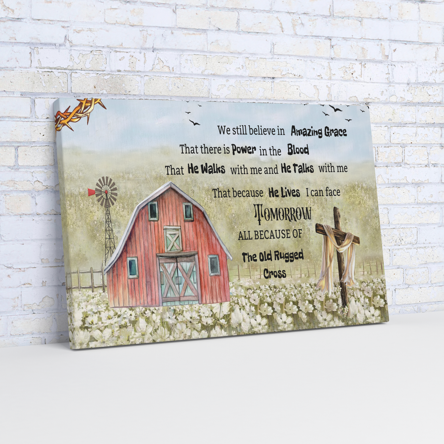 Canvas art with red barn, sunflowers, and a rustic cross, featuring the quote about Amazing Grace in black text on a light.