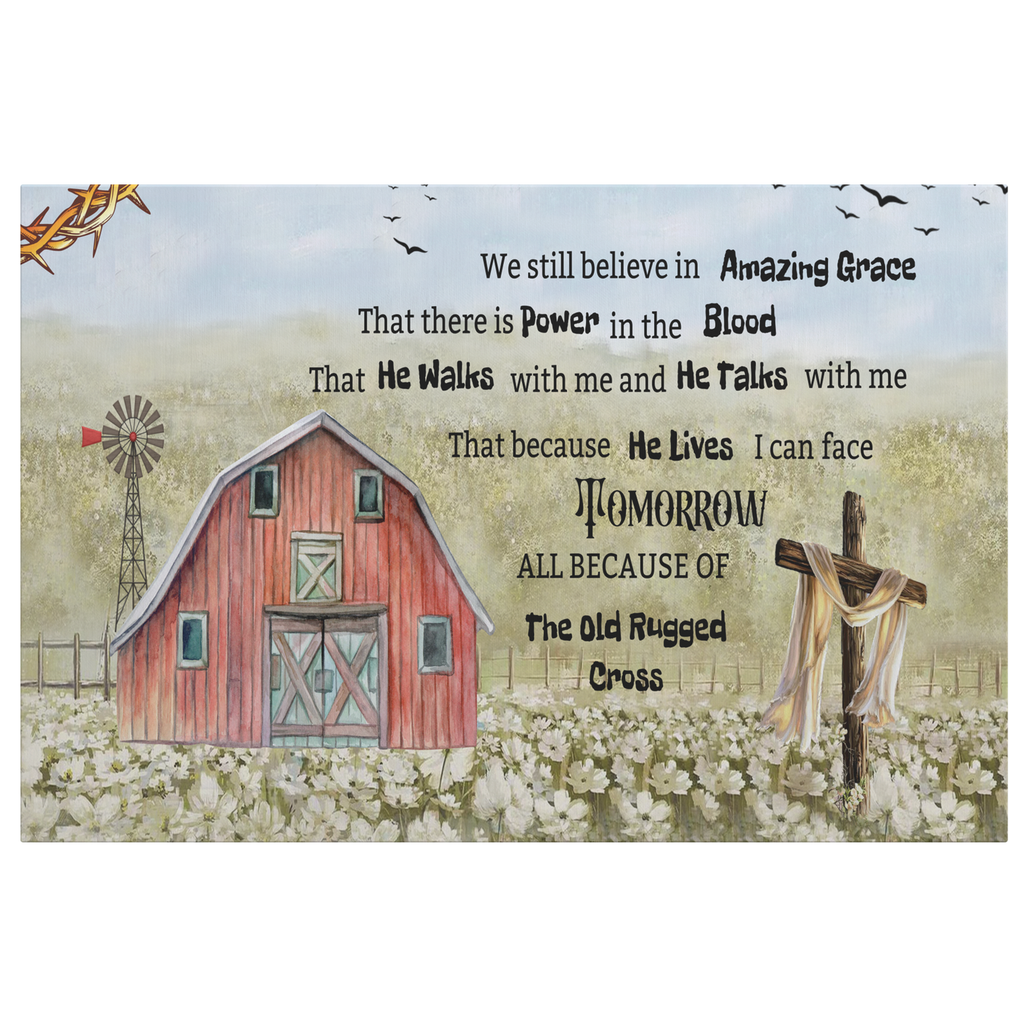 Rustic red barn and wooden cross in cotton field with scripture about Amazing Grace on canvas wall art.