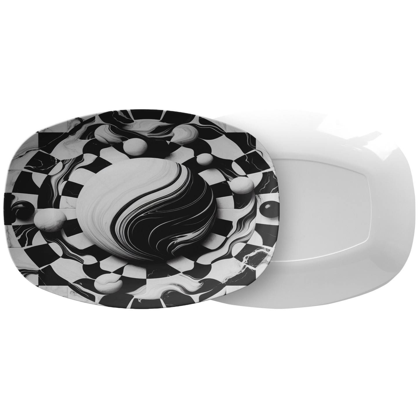 Round platter with black and white marble swirl center and checkerboard border, stacked on plain white rectangular platter.