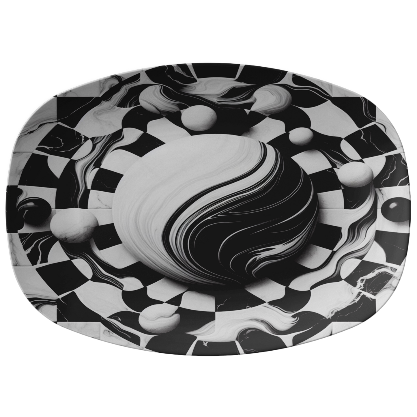 Black and white marble-look platter with swirling pattern and checkerboard edges.