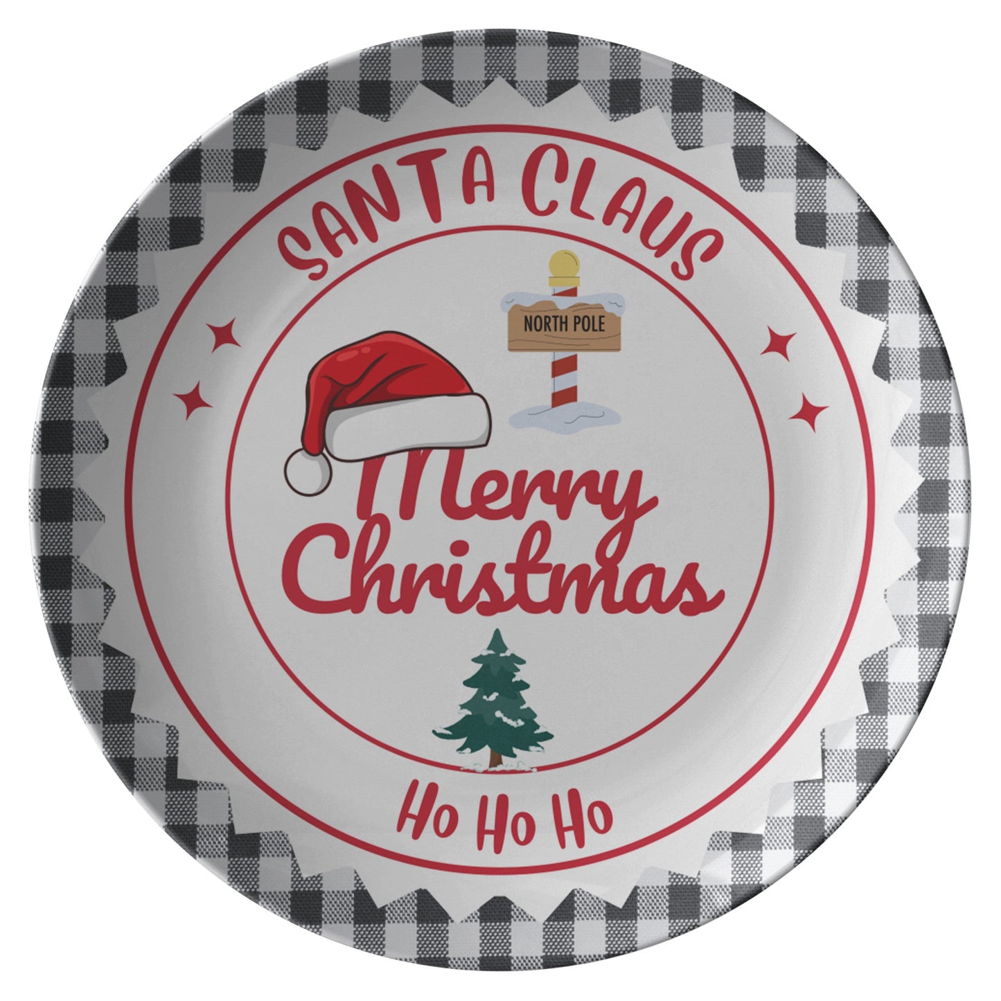 Festive Black & White Plate with Vibrant Red "Ho Ho Ho" Santa Claus Design – Perfect for Holiday Gatherings
