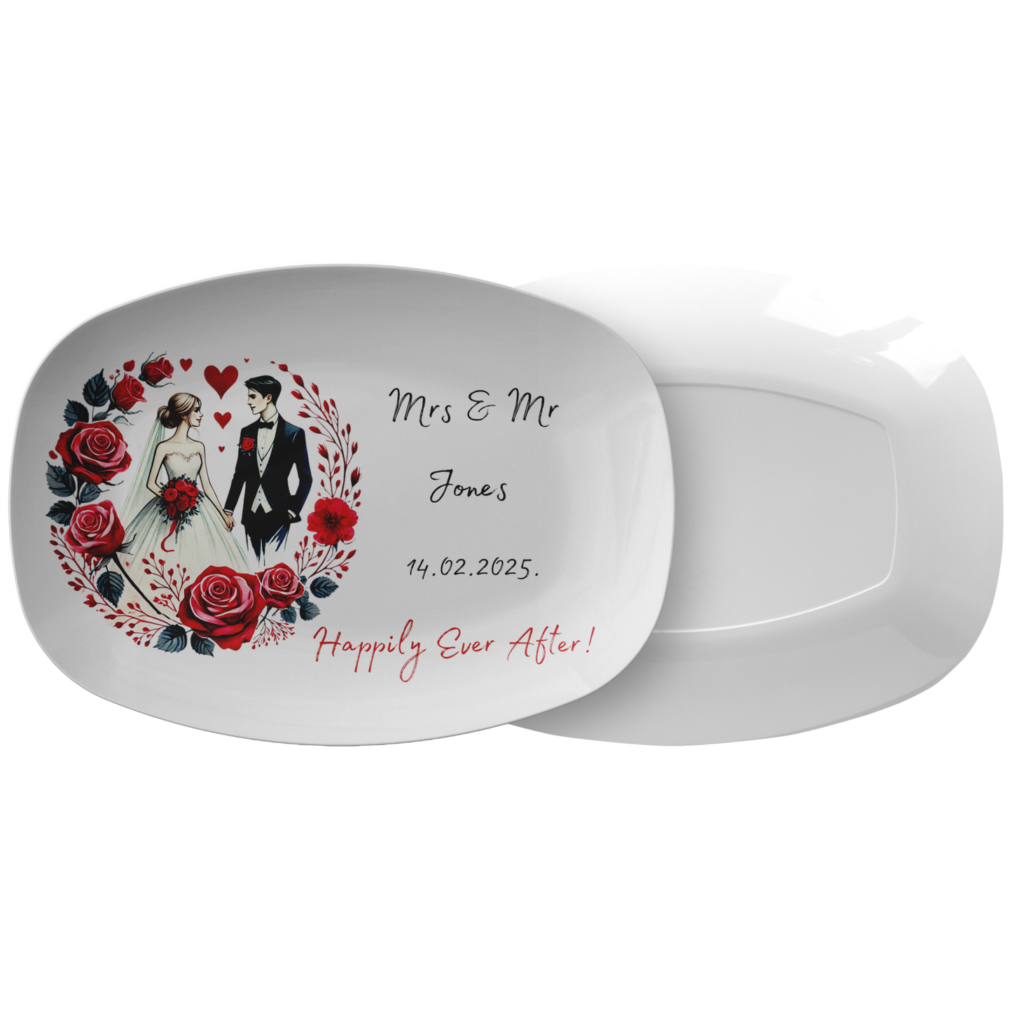 White ceramic serving platter with illustrated bride and groom, red roses, and personalized wedding text.