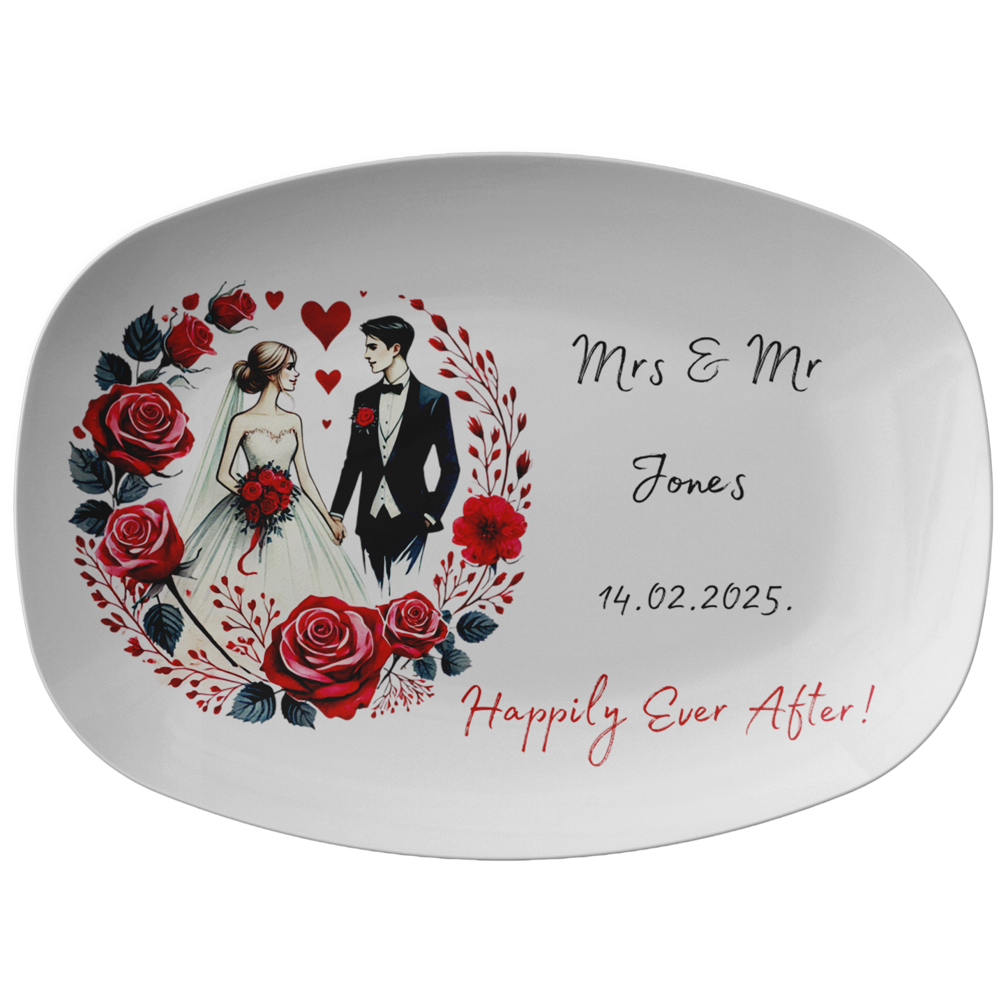 White ceramic serving platter with illustrated bride and groom surrounded by red roses and hearts, personalized with "Mrs &.