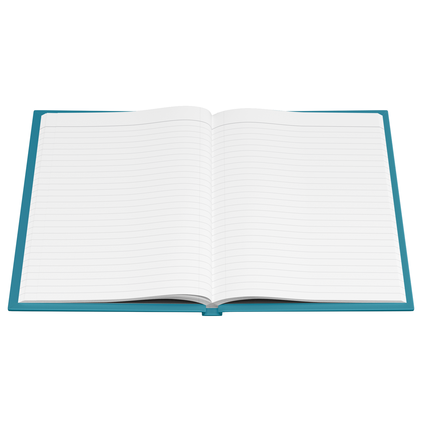Open hardcover notebook with teal cover and lined white pages.