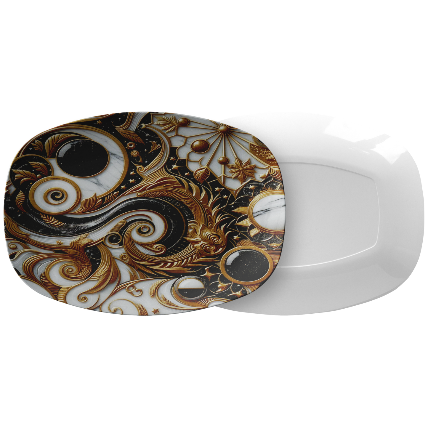 Oval serving platter with black, white, and gold abstract swirls and a smooth white back section.