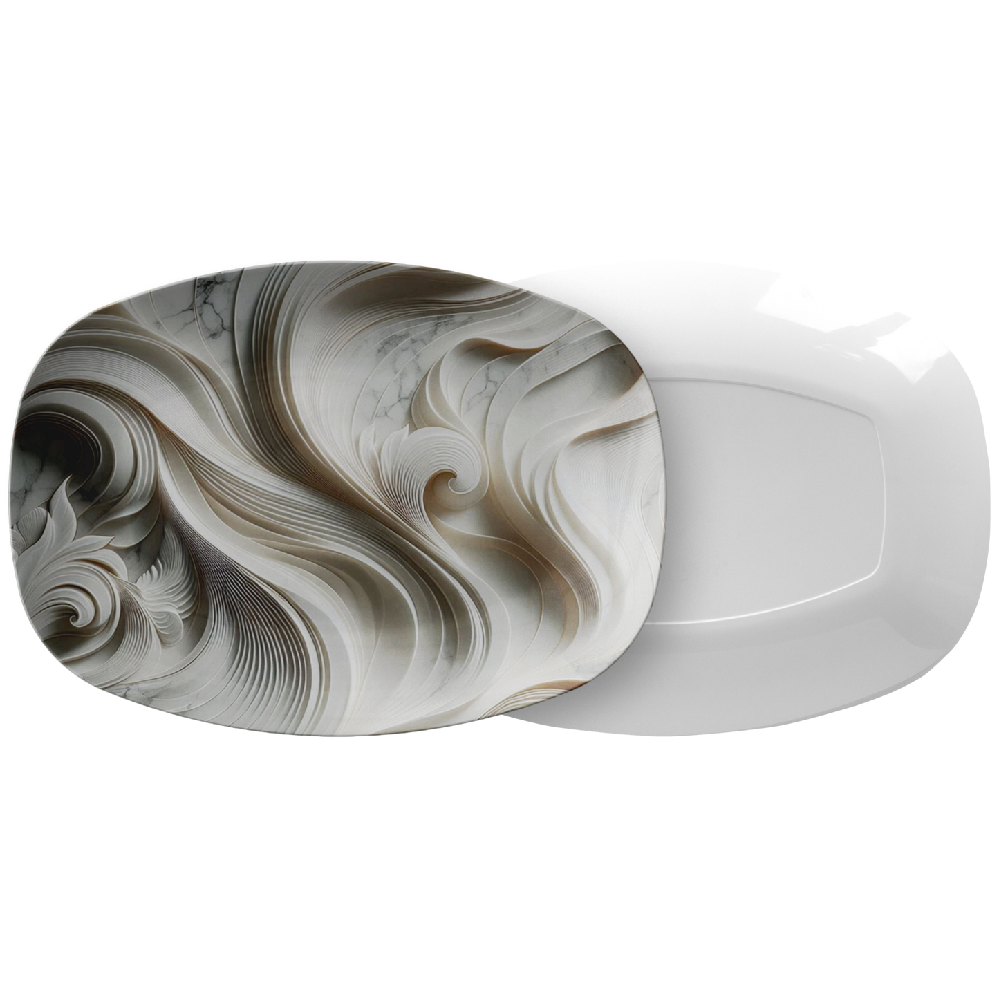 Rectangular serving platter with black and white swirling granite-like pattern and smooth white backplate.