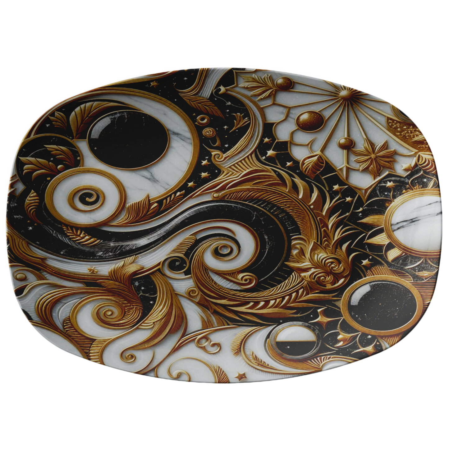 Oval serving platter with black, white, and gold ornate swirling and floral design.
