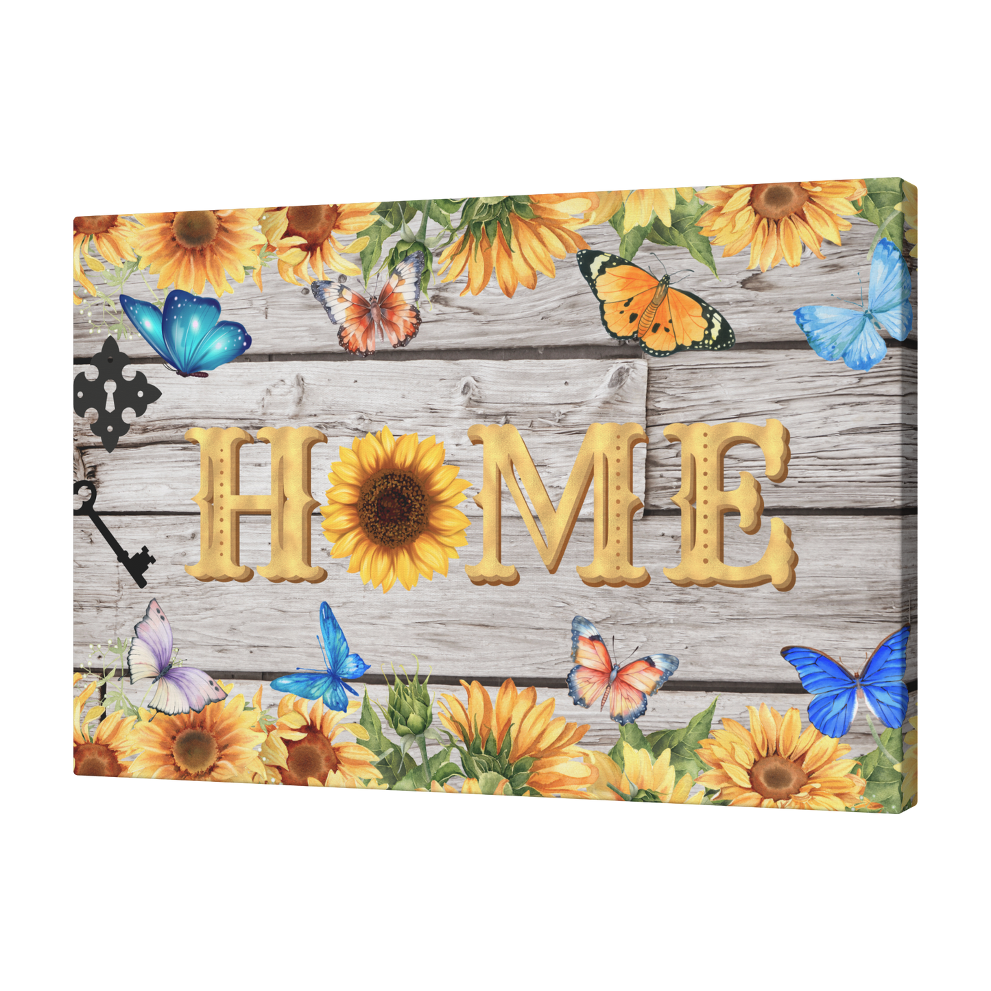 Rustic wooden plank sign with "HOME" text featuring a sunflower and colorful butterflies on sunflower border.