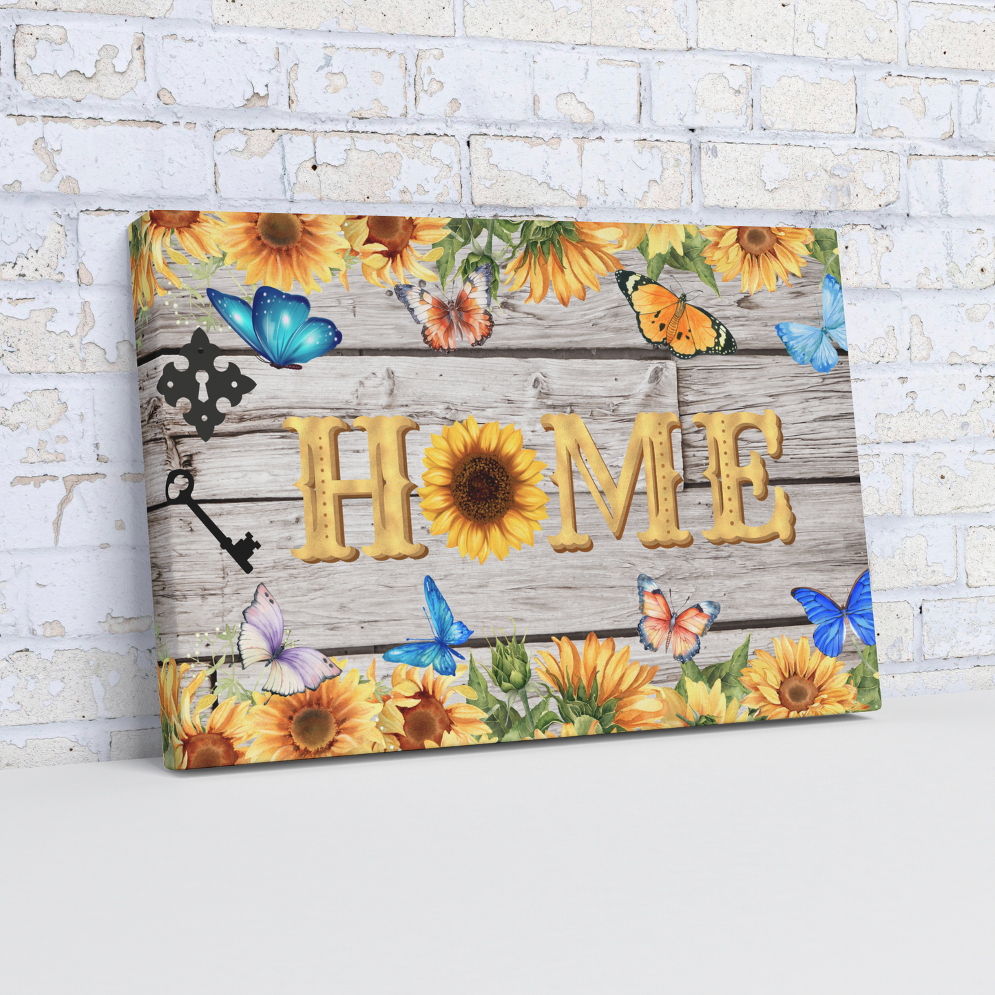 Rustic wooden plank canvas with sunflowers and colorful butterflies surrounding the word HOME with a sunflower as the O.