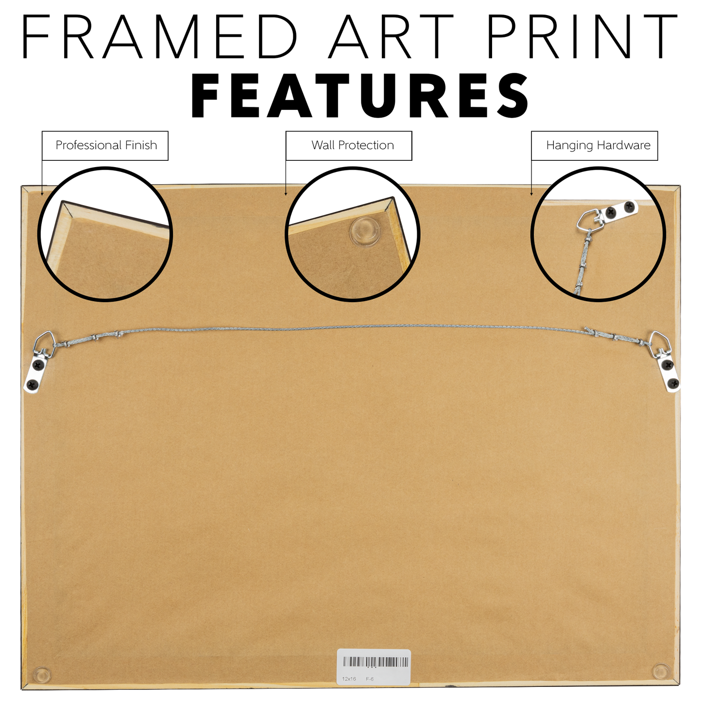 Back of framed wall art with hanging hardware, wall protection corners, and professional finish labels.