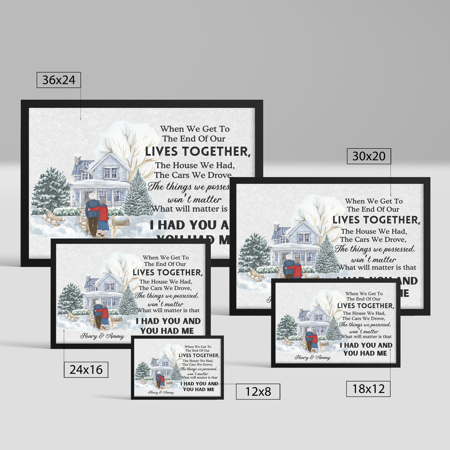 Customizable wall art with house illustration, floral accents, and sentimental "Together to the End" text in black and white .