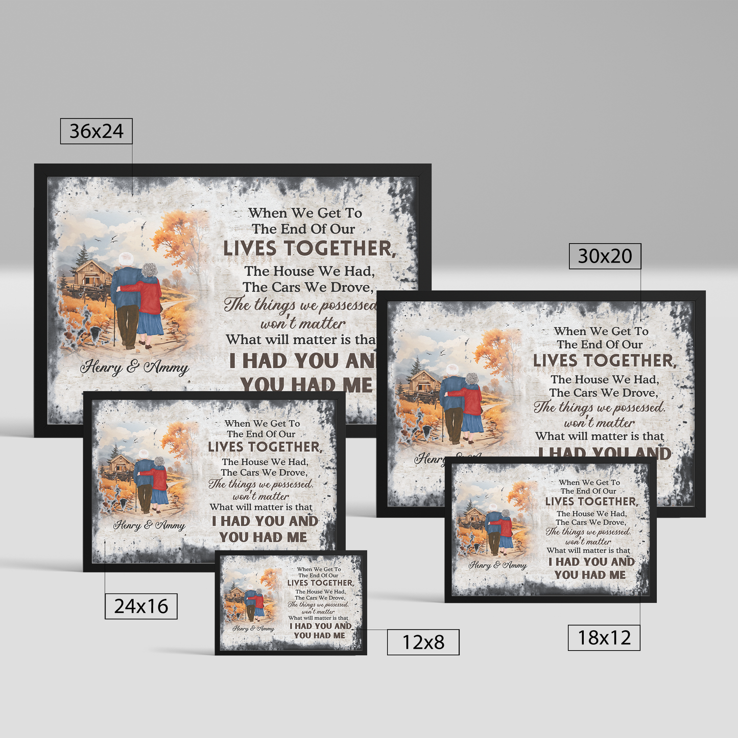 Customizable wall art with romantic loving couple illustration, heartfelt poem text, and black frame in various sizes.