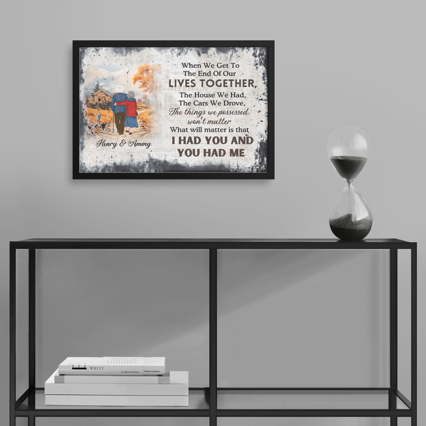 Custom "Together To The End" wall art with romantic text, couple silhouette, and black frame on gray wall above minimalist.