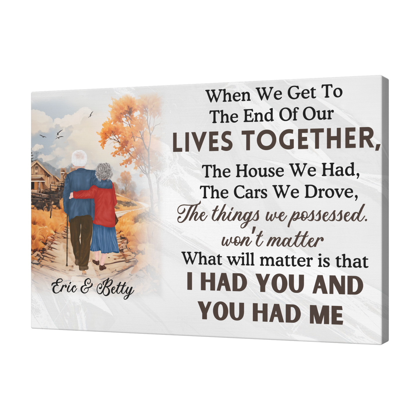 Rectangular platter with autumn scene of couple hugging, personalized names, and sentimental quote in mixed fonts.