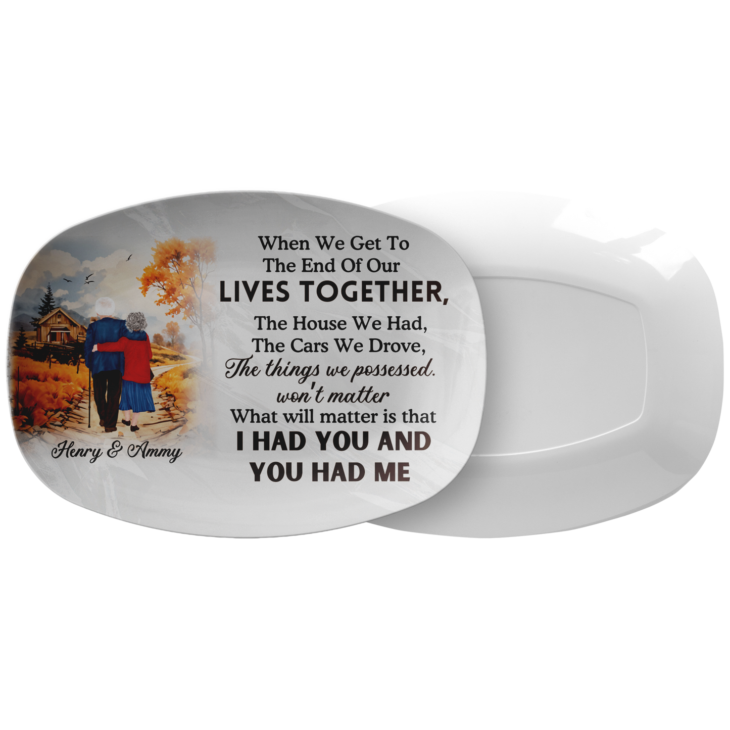 White ceramic platter with a photo of a couple by a barn and personalized text poem about love and life together.