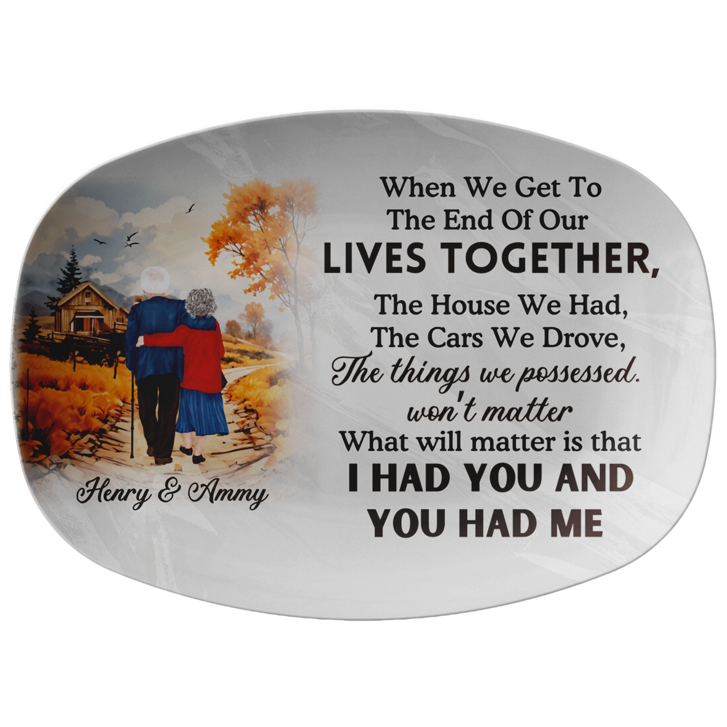 Oval white ceramic platter with autumn cabin scene and personalized couple's names and sentimental quote.