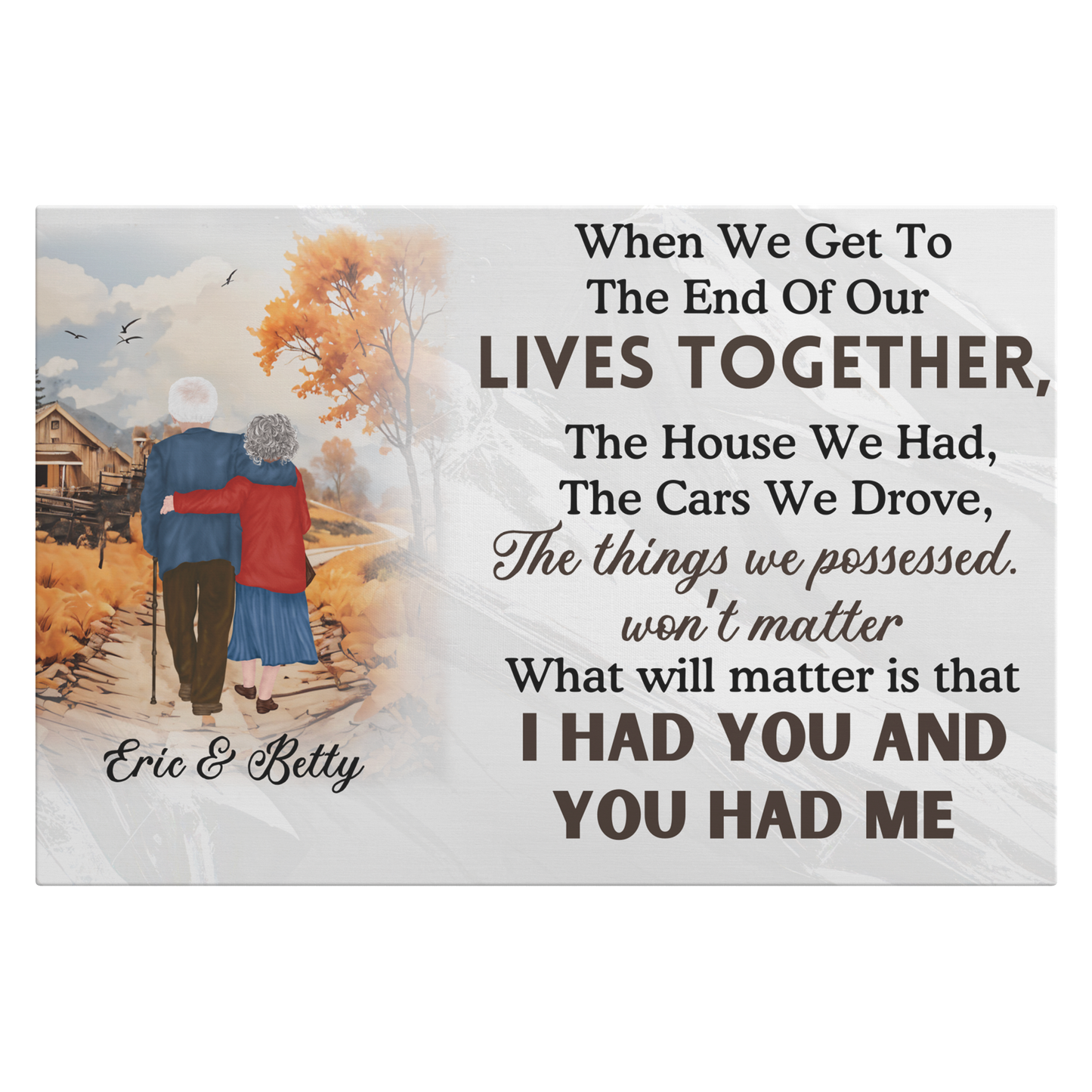 Rectangular platter with a couple embracing by a cabin amid autumn trees, featuring sentimental text and personalized names.
