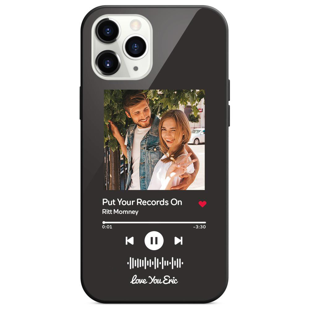 Black phone case with a music app displayed on the screen.