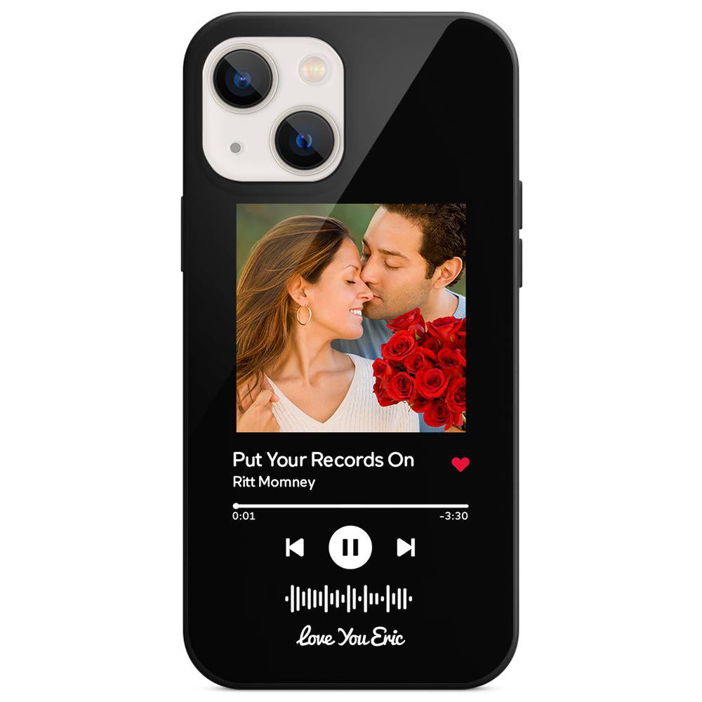 Black smartphone case with "Put Your Records On" music cover and couple kissing.