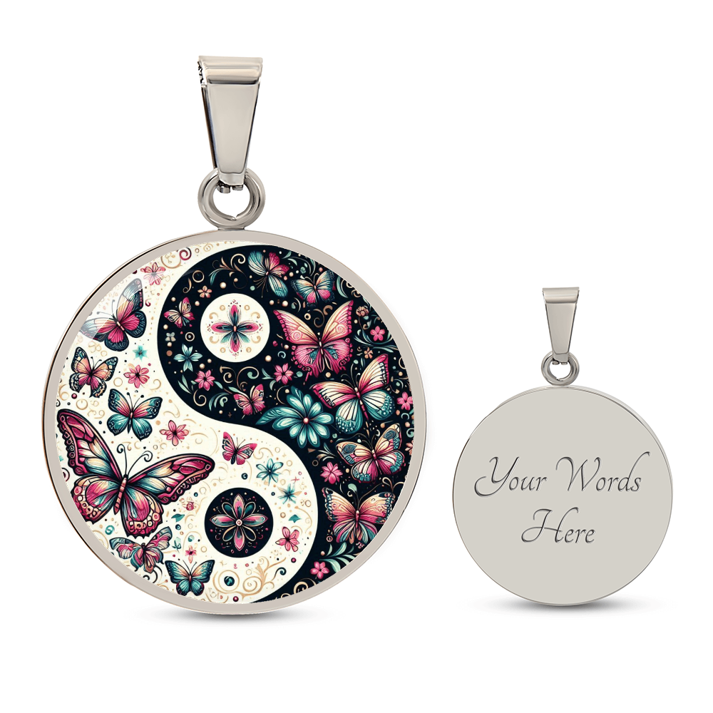 Pink Butterflies Yin Yang Luxury Graphic Circle Necklace