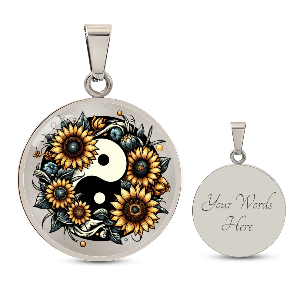 Round silver pendant with yin yang symbol surrounded by detailed sunflowers and leaves, reversible with customizable.