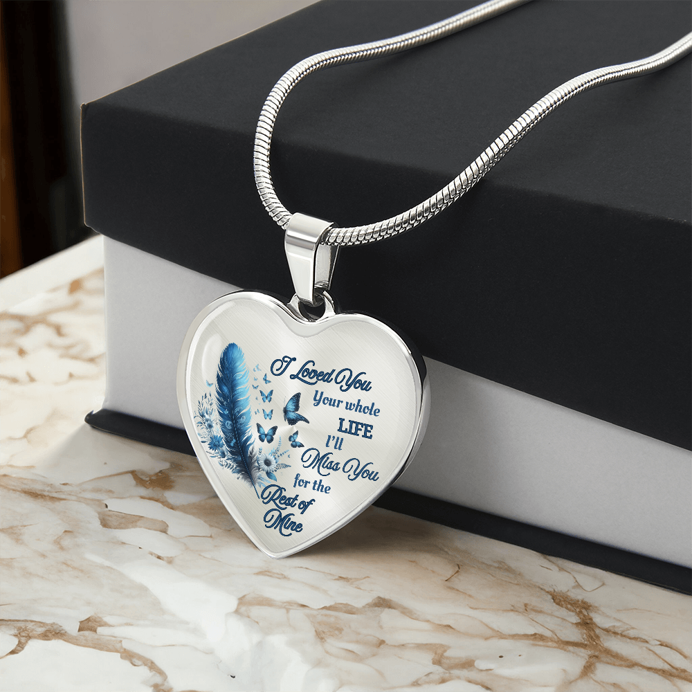 Blue Feather Heart-shaped Memorial Necklace - Engraved Letter Detail Pendant, A Symbol of Enduring Love and Missed Memories, Perfect Thoughtful Gift for Sympathy and Remembrance