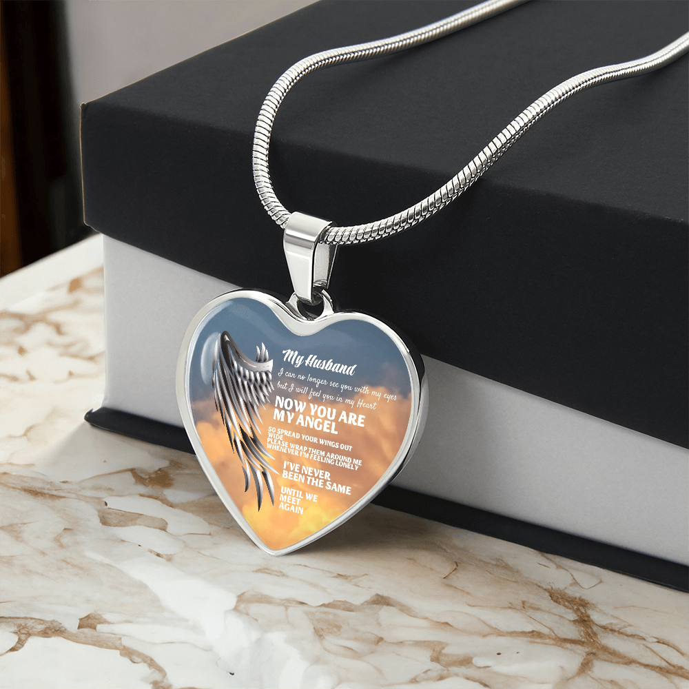 My Husband Now You Are My Angel Necklace, Heart Pendant Tribute, Memorial Jewelry, Keepsake Gift for Wife