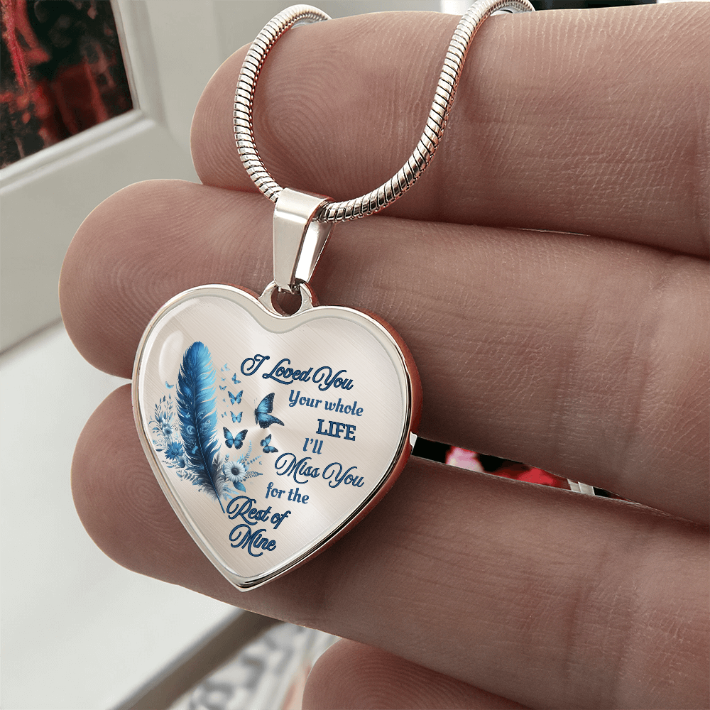 Blue Feather Heart-shaped Memorial Necklace - Engraved Letter Detail Pendant, A Symbol of Enduring Love and Missed Memories, Perfect Thoughtful Gift for Sympathy and Remembrance