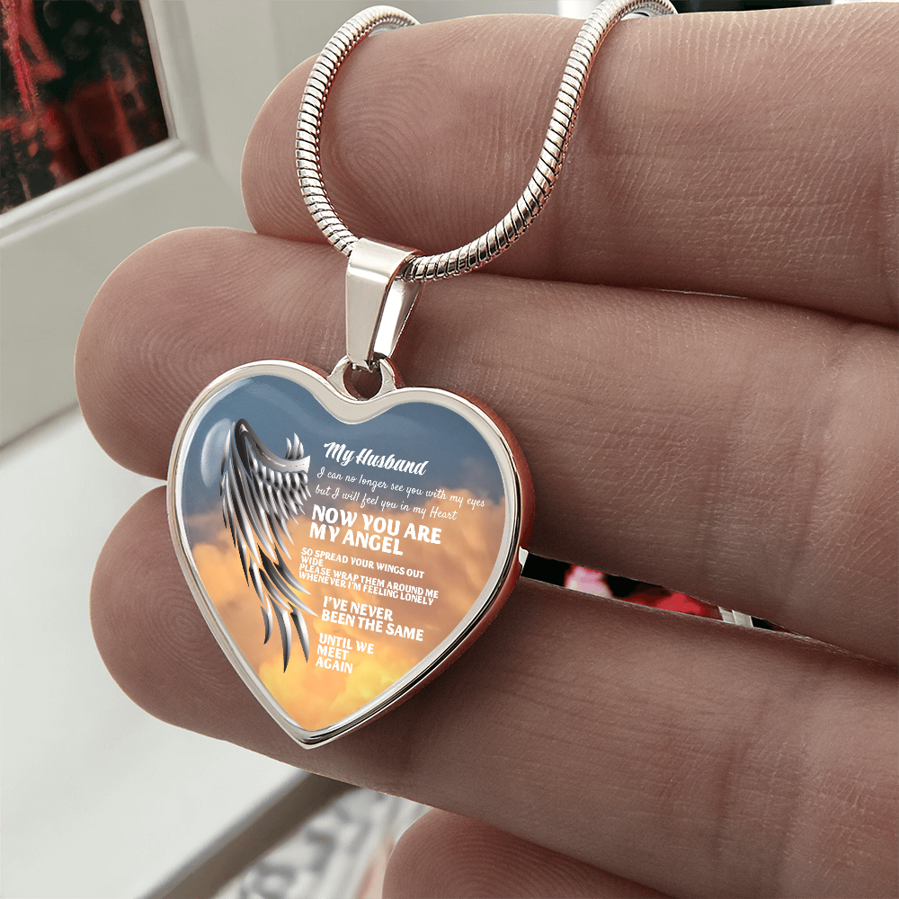 My Husband Now You Are My Angel Necklace, Heart Pendant Tribute, Memorial Jewelry, Keepsake Gift for Wife