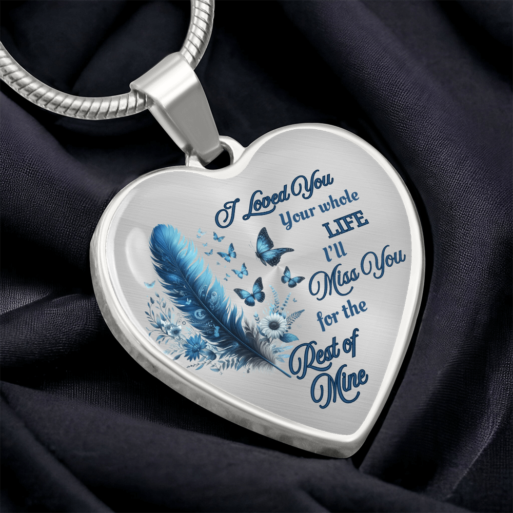 Blue Feather Heart-shaped Memorial Necklace - Engraved Letter Detail Pendant, A Symbol of Enduring Love and Missed Memories, Perfect Thoughtful Gift for Sympathy and Remembrance