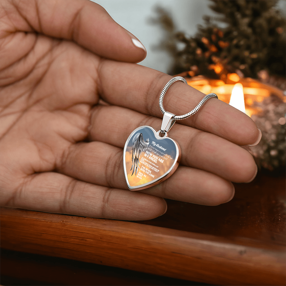 My Husband Now You Are My Angel Necklace, Heart Pendant Tribute, Memorial Jewelry, Keepsake Gift for Wife