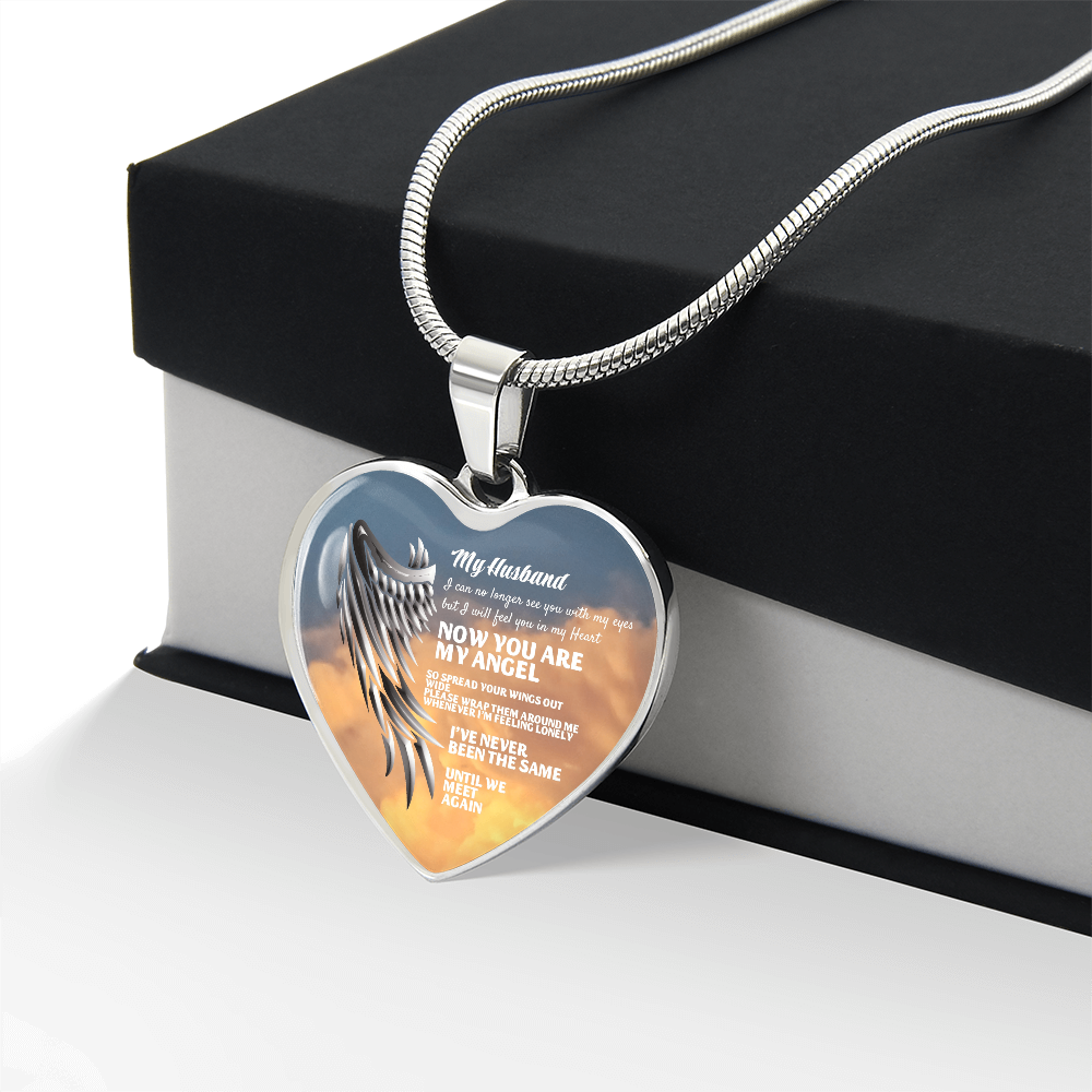 My Husband Now You Are My Angel Necklace, Heart Pendant Tribute, Memorial Jewelry, Keepsake Gift for Wife