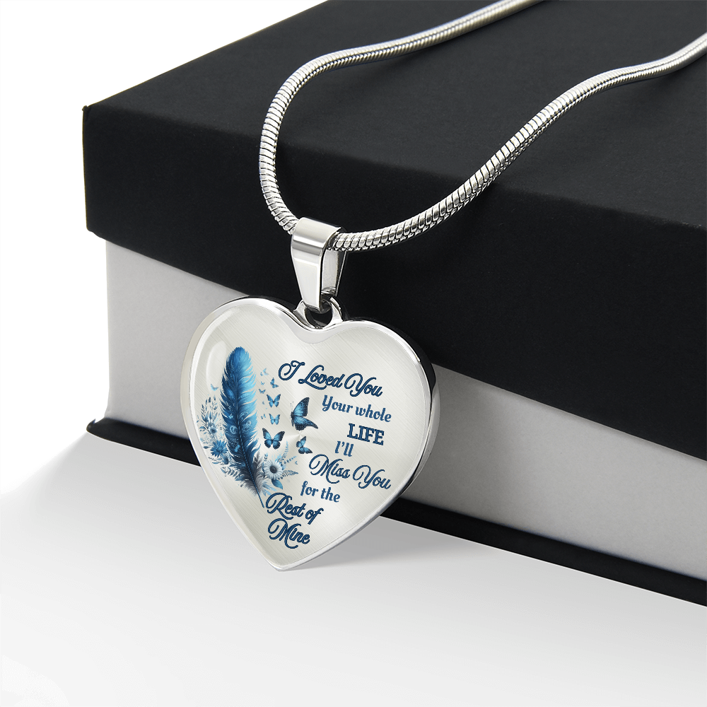 Blue Feather Heart-shaped Memorial Necklace - Engraved Letter Detail Pendant, A Symbol of Enduring Love and Missed Memories, Perfect Thoughtful Gift for Sympathy and Remembrance