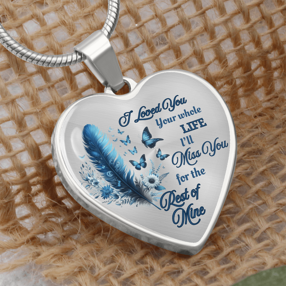 Blue Feather Heart-shaped Memorial Necklace - Engraved Letter Detail Pendant, A Symbol of Enduring Love and Missed Memories, Perfect Thoughtful Gift for Sympathy and Remembrance