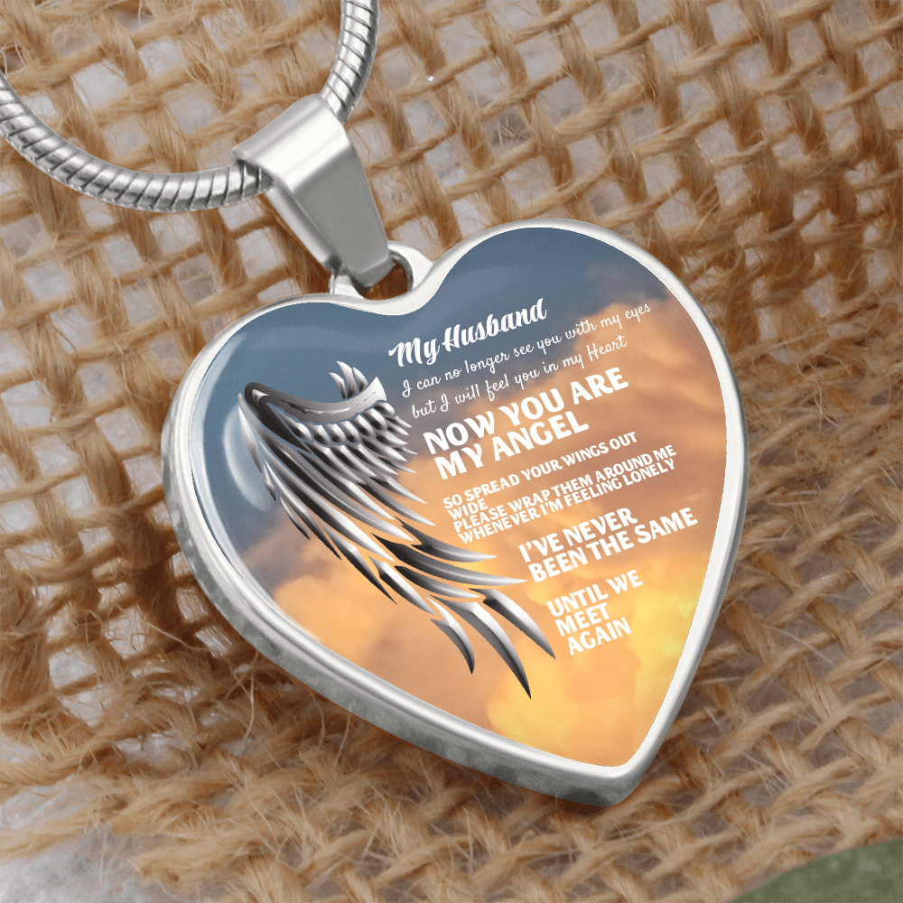 My Husband Now You Are My Angel Necklace, Heart Pendant Tribute, Memorial Jewelry, Keepsake Gift for Wife