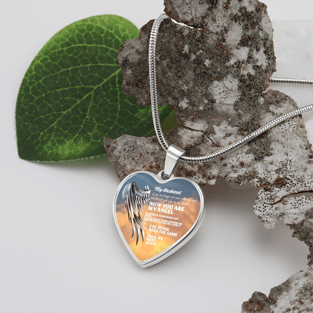 My Husband Now You Are My Angel Necklace, Heart Pendant Tribute, Memorial Jewelry, Keepsake Gift for Wife