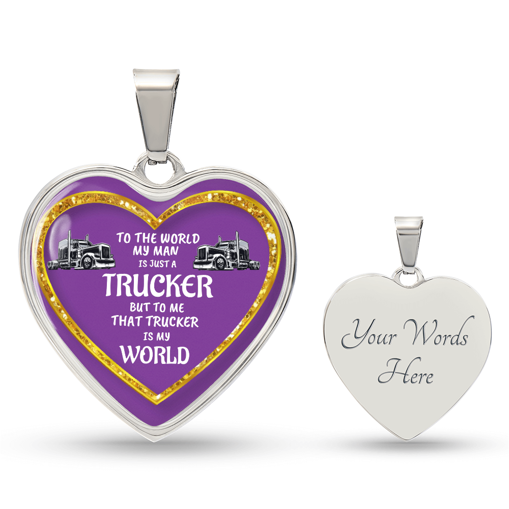 Two heart-shaped pendants, one purple with "To the World" quote, the other silver with "Your Words Here."
