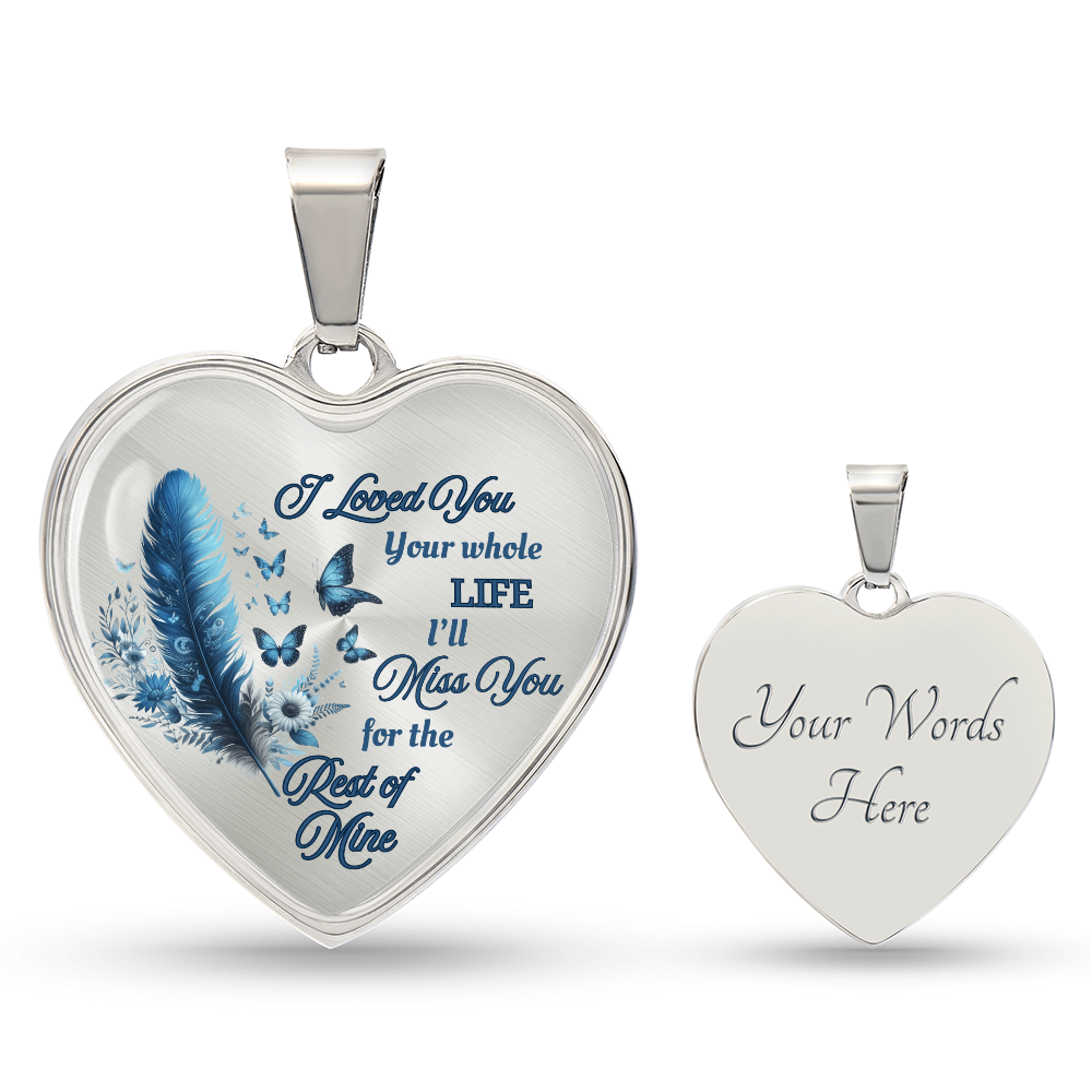 Blue Feather Heart-shaped Memorial Necklace - Engraved Letter Detail Pendant, A Symbol of Enduring Love and Missed Memories, Perfect Thoughtful Gift for Sympathy and Remembrance