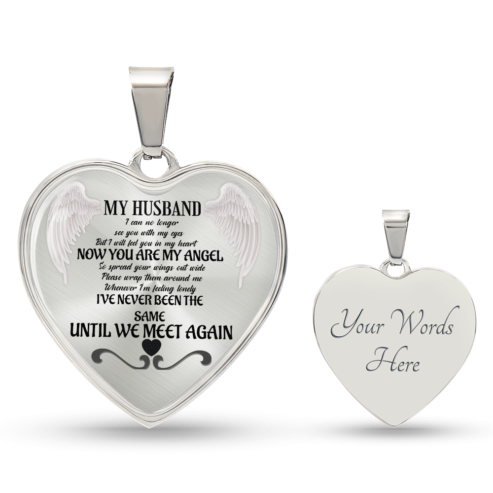 Silver heart-shaped pendant necklace with engraved memorial message and customizable reverse side.