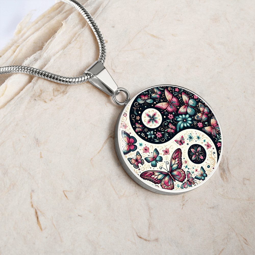 Pink Butterflies Yin Yang Luxury Graphic Circle Necklace